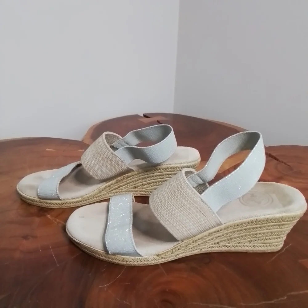 Charleston Shoe Co. Cooper Silver Metallic/Tan/Linen Espadrille Wedge Sandal - 7